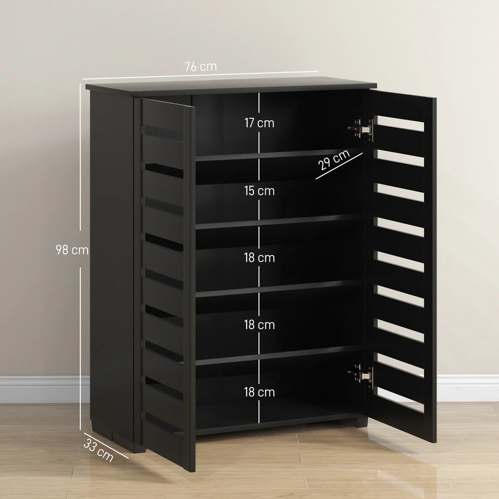 HOMCOM Pantofar cu 5 niveluri, 4 rafturi reglabile și uși cu lamele, din PAL, 76x33x98 cm, negru | Aosom Romania