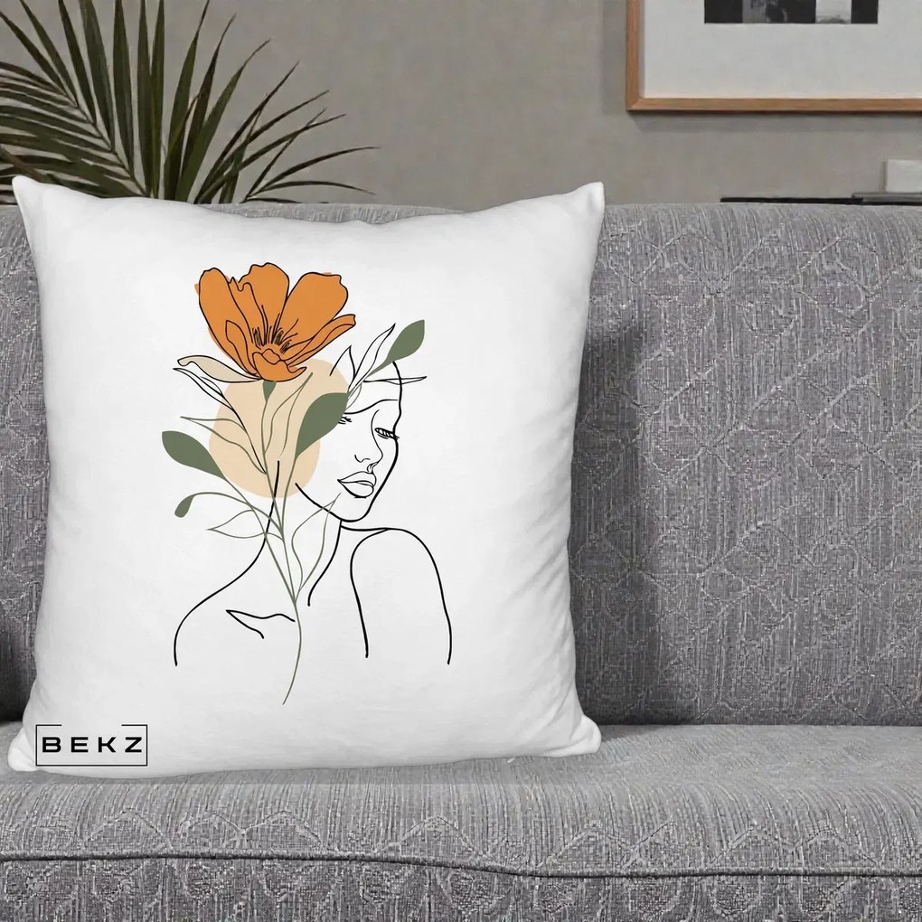 Perna Decorativa Portret Feminin Floare Portocalie, 40x40 cm, Alb Pufos, Husa Detasabila, Perna Inclusa, BEKZ®