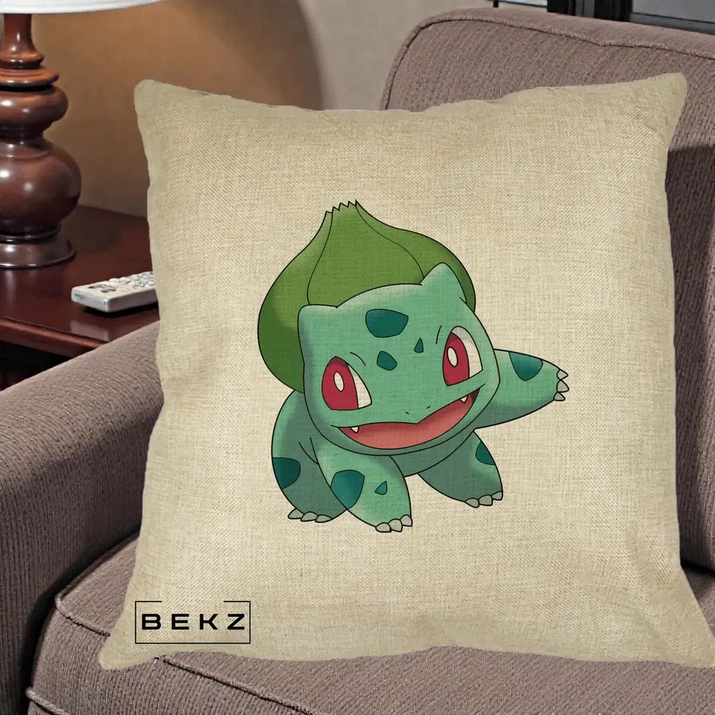 Perna Personalizata Bulbasaur Pokemon, 40x40 cm, Crem, Husa Detasabila, Perna Inclusa, BEKZ®