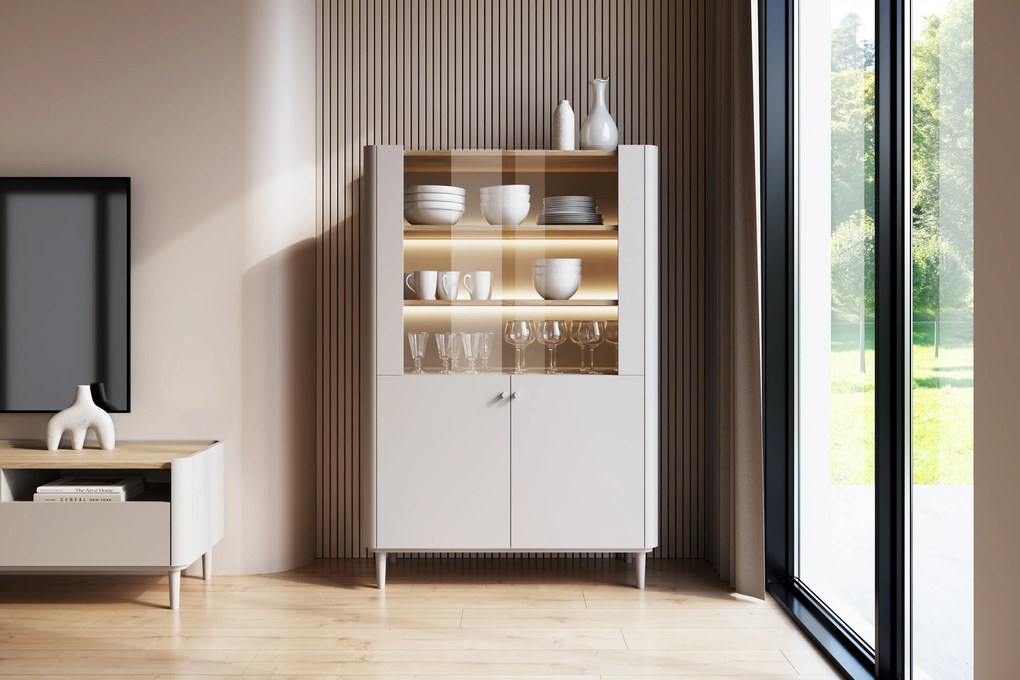 Vitrină cu picioare Elivo 100 cm, cu două uși - cașmir / stejar uleiat