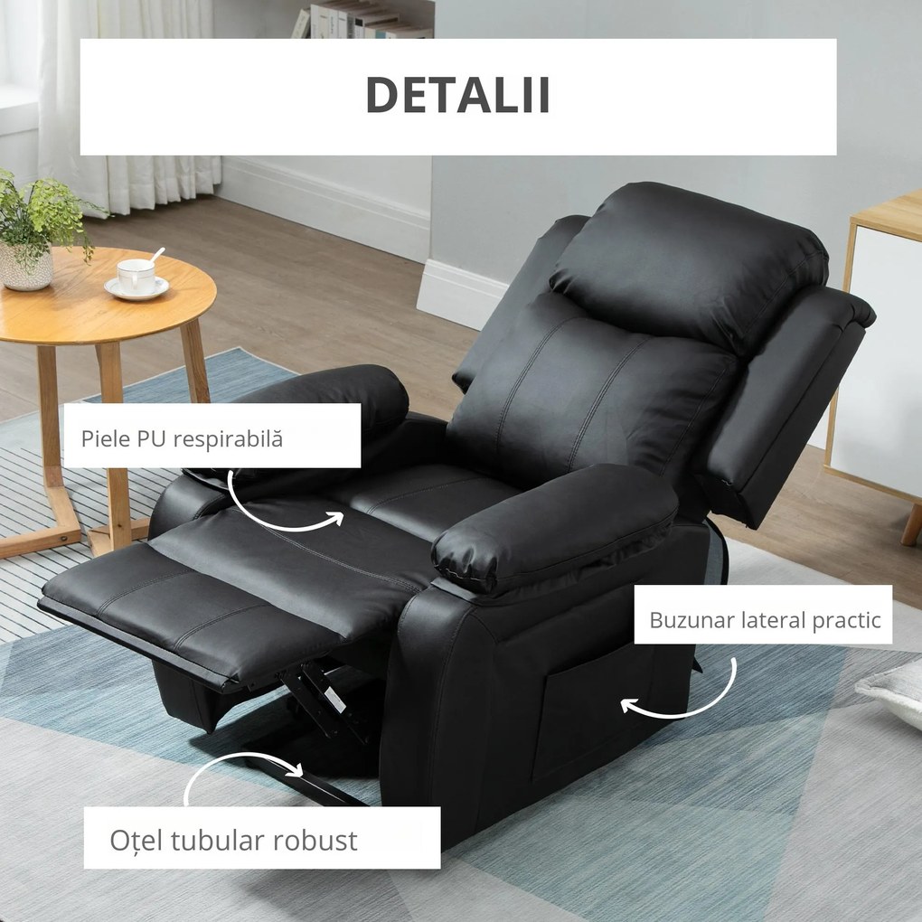 HOMCOM Fotoliu Relax Electric cu Ridicare și Reclinare 160°, Telecomandă, 76x90x105 cm, Negru | Aosom Romania
