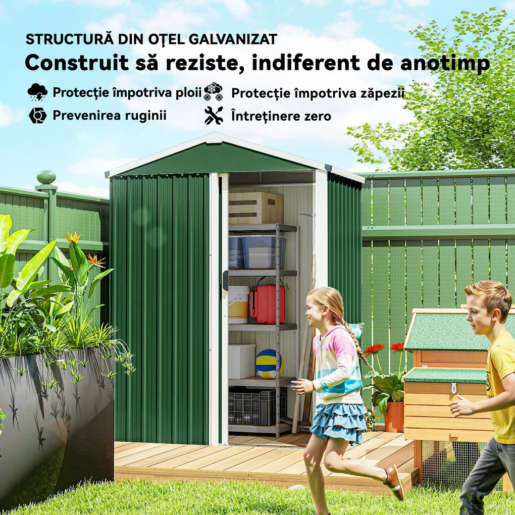 Outsunny Căsuță de Grădină 1.1m² din Oțel Galvanizat, Căsuță de Depozitare cu Ușă Glisantă Blocabilă, Acoperiș Înclinat, Mănuși, Căsuță de Unelte, 136x87x179 cm, Verde | Aosom Romania