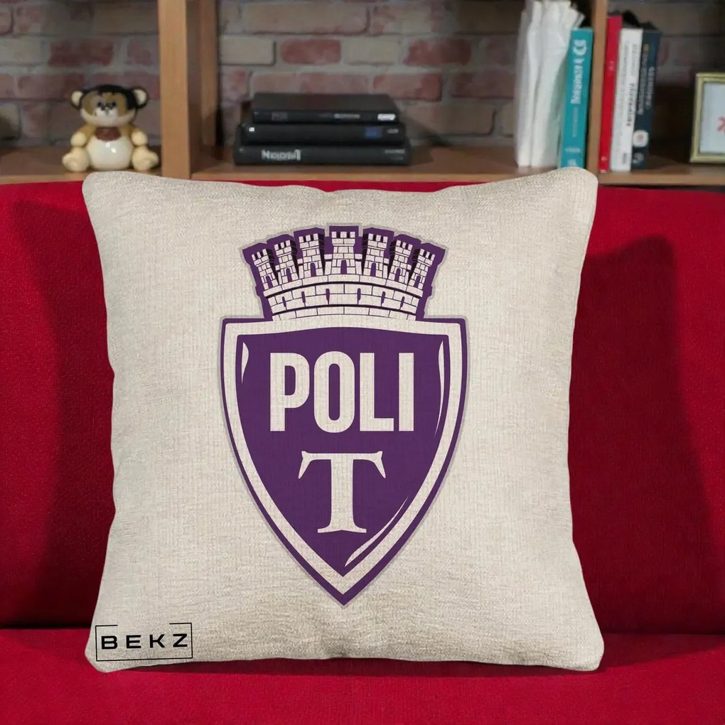 Perna Personalizata Poli Timisoara Fotbal, 40x40 cm, Bej Canapea, Husa Detasabila, Perna Inclusa, BEKZ®