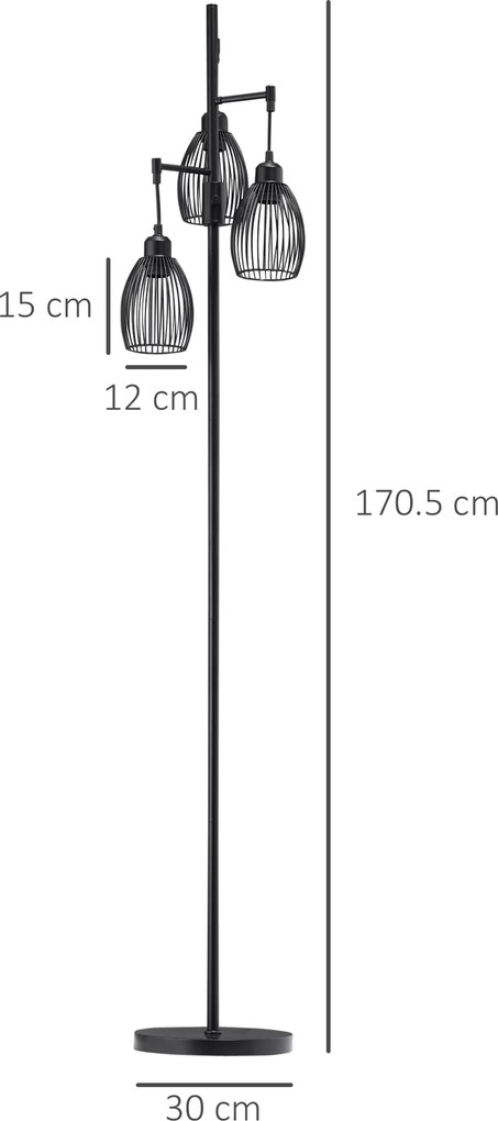 HOMCOM Lampadar Industrial cu 3 Abajururi și Intensitate Regulabilă, 30x30x170.5 cm, Negru | Aosom Romania