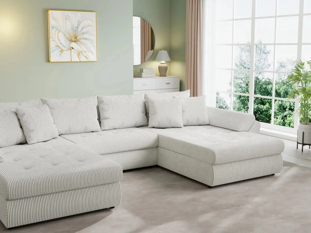 Colțar extensibil dumonde cu ladă de depozitare si sezut confortabil din spuma high-density, Loana U Zoom Cream 355x185 cm