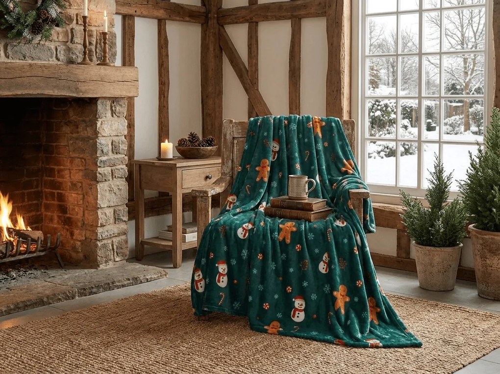Patura microplus de Craciun SNOWMAN AND GINGERBREAD verde Dimensiuni: 200 x 220 cm
