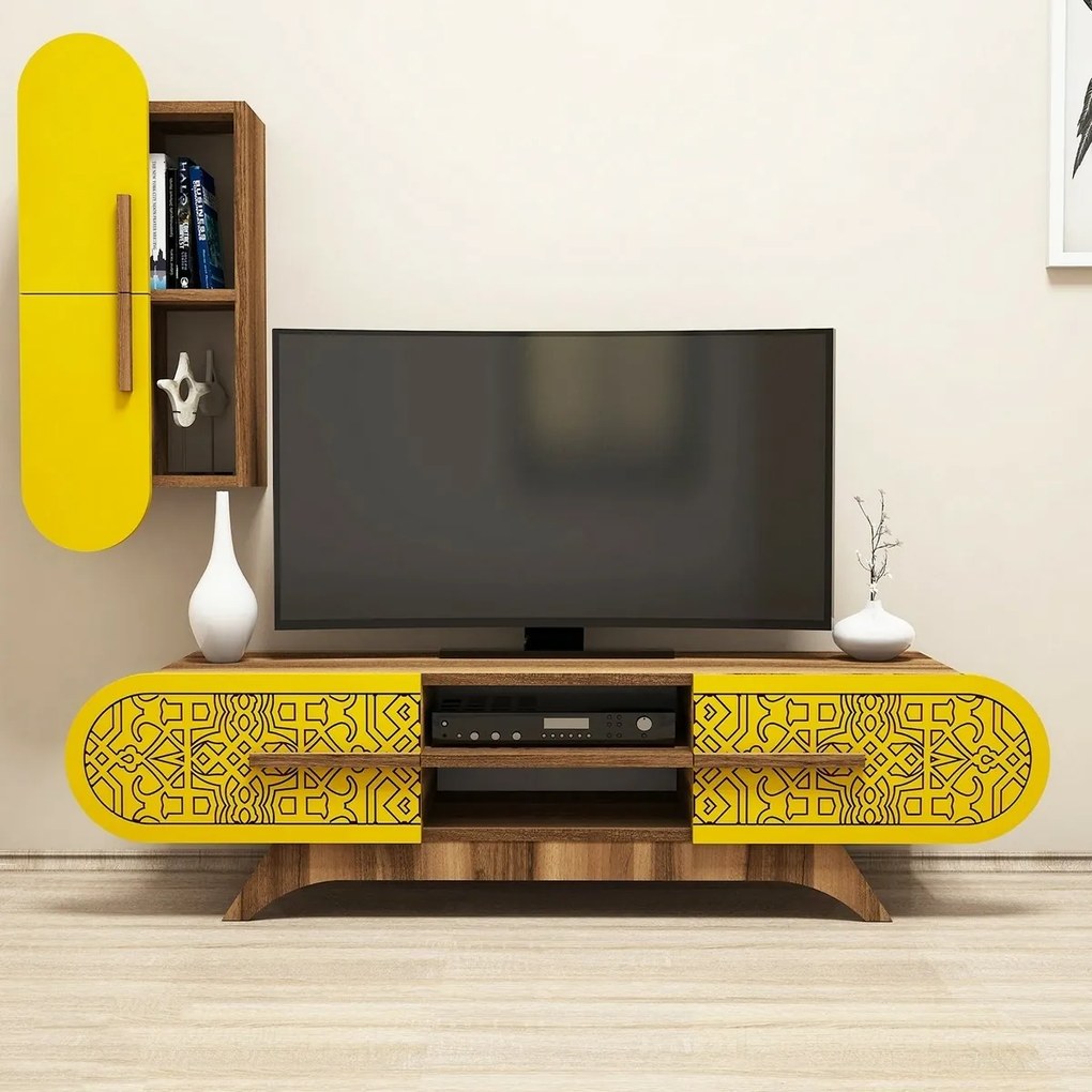 Măsuță TV cu dulap Defne Yellow and Walnut