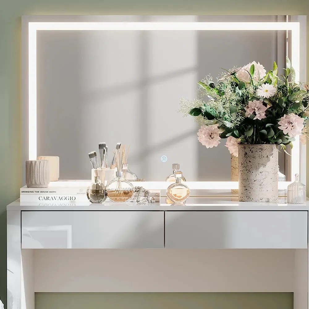 Masuta machiaj cu Oglinda LED si 2 Sertare pentru Cosmetice, Set Masa toaleta 110 cm, Alb Lucios, masuta cosmetica, vanity - SEA813