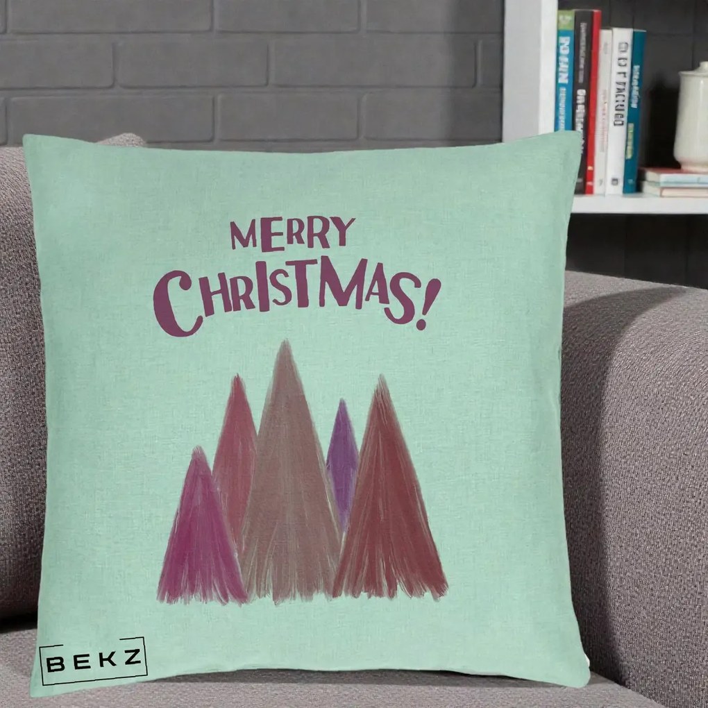 Perna Decorativa Merry Christmas Brazi Roz, 40x40 cm, Verde Menta, Husa Detasabila, Perna Inclusa, BEKZ®