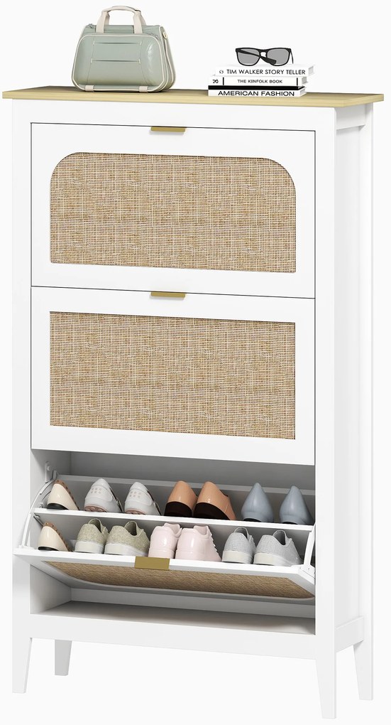 HOMCOM Dulap pentru încălțăminte 21 perechi boem cu 3 sertare rabatabile, uși cu efect cannage ratan, 80 x 24 x 131 cm, alb | Aosom Romania
