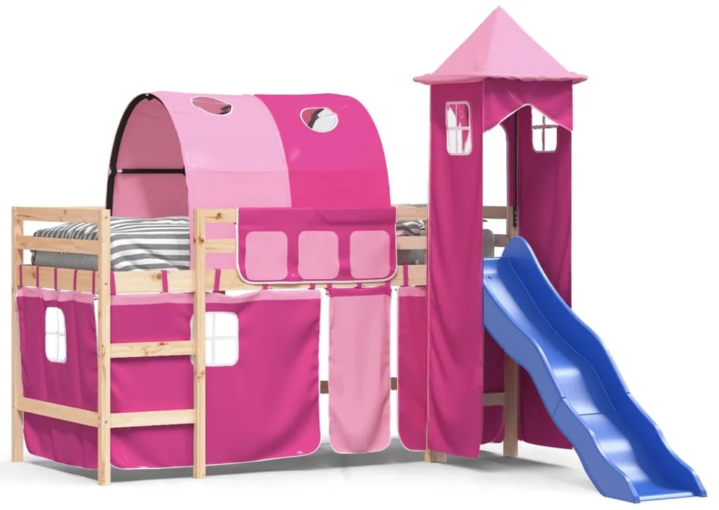 3207110 vidaXL Pat etajat de copii cu turn, roz, 90x190 cm, lemn masiv pin
