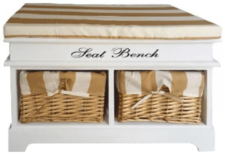Bancă cu pernă, 2 coşuri de răchită, alb/miere/imprimeu, SEAT BENCH 4