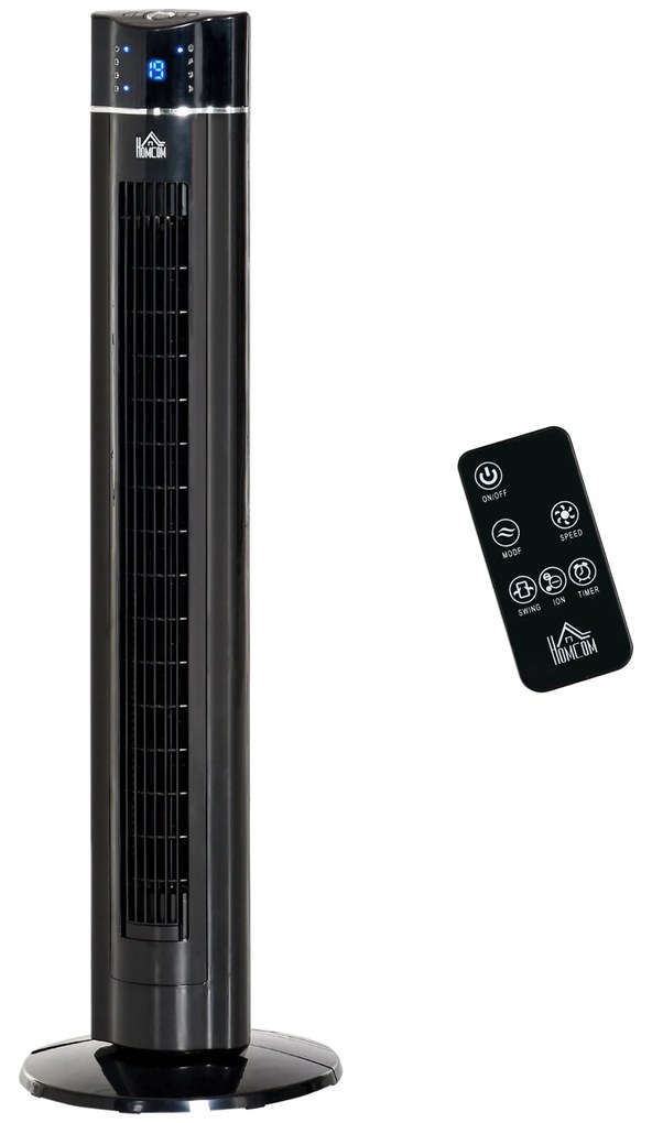 HOMCOM Ventilator Coloană Ionizator cu 3 Viteze, 3 Moduri și Temporizator 8h, Ventilator Podea ABS, Ø32x106.8 cm, Negru