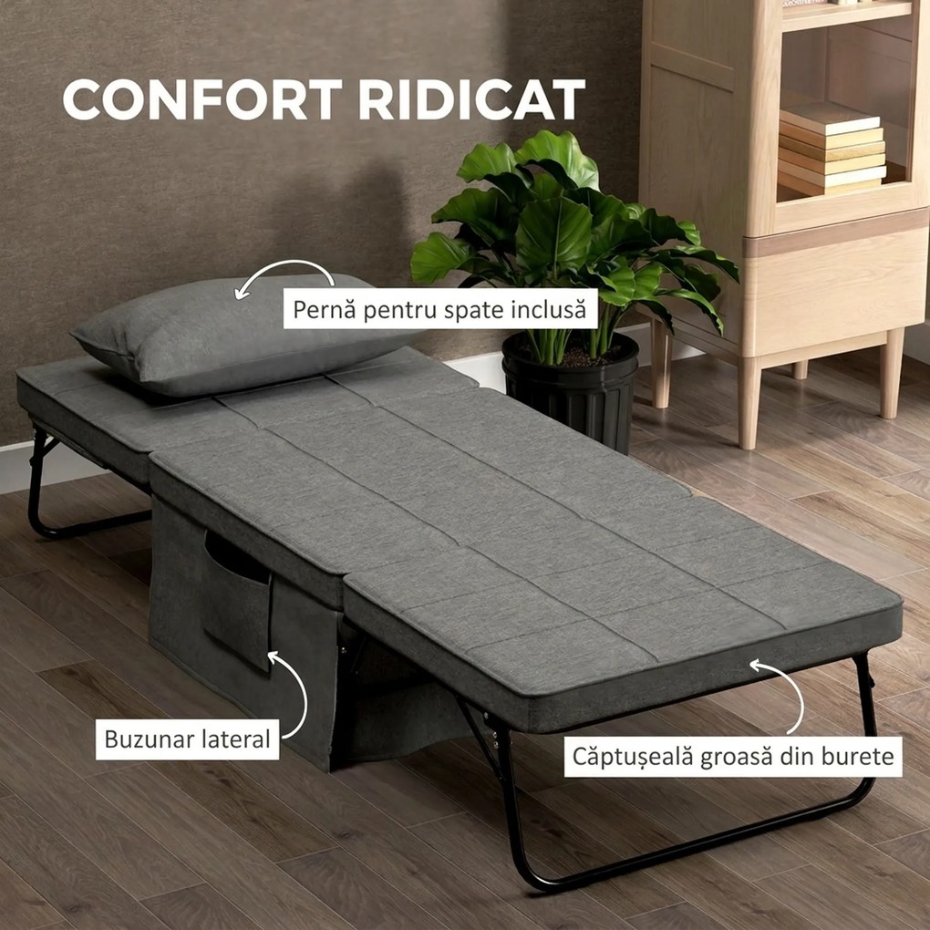 HOMCOM Pat Pliabil Multifuncțional 4 în 1, Șezlong cu Economie de Spațiu, cu Spătar Rabatabil pe 5 Niveluri, 188x75x38 cm, Gri | Aosom Romania
