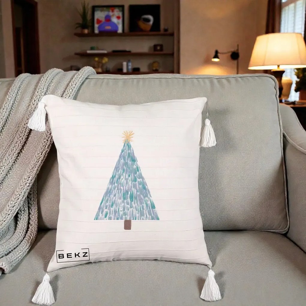 Perna Decorativa Brad de Craciun Acrilic Albastru, 40x40 cm, Bej cu Franjuri, Husa Detasabila, Perna Inclusa, BEKZ®