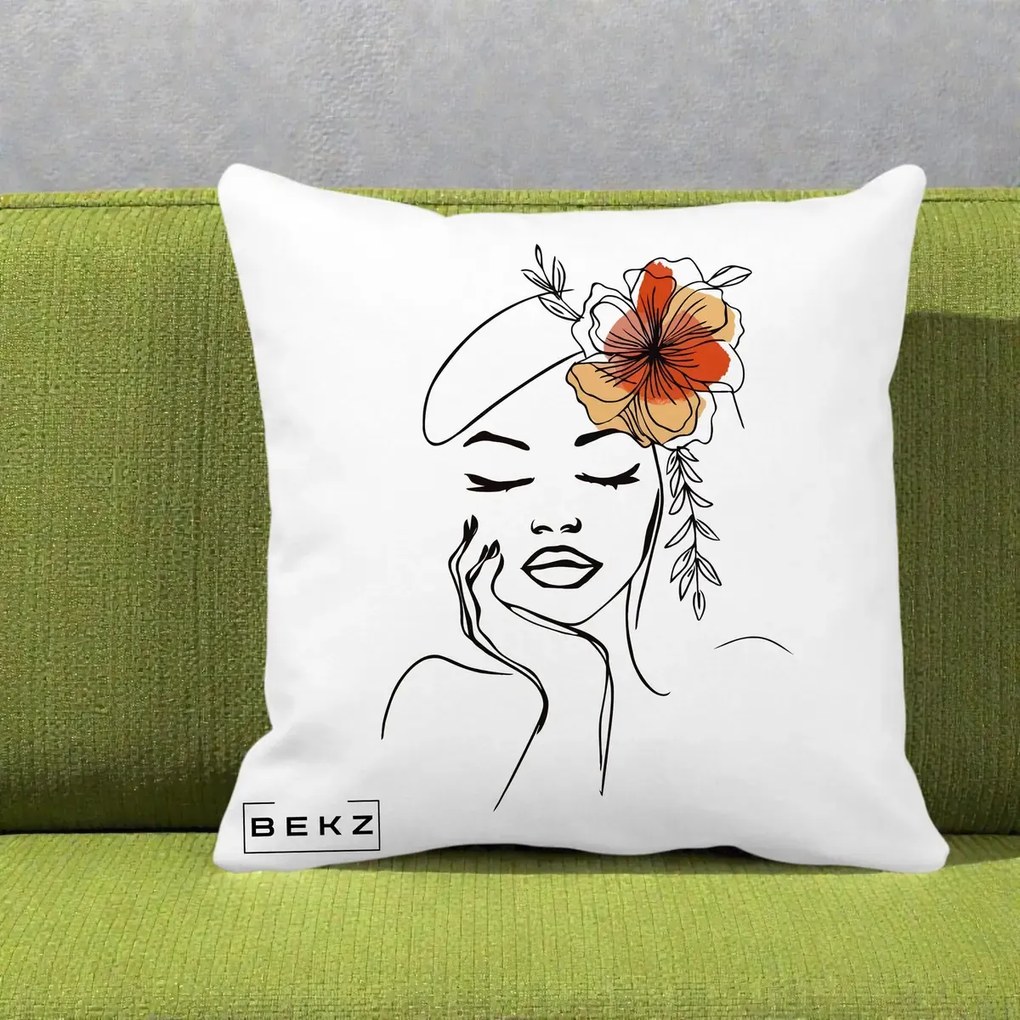 Perna Decorativa Portret Feminin Flori Palarie, 40x40 cm, Alba Mata, Husa Detasabila, Perna Inclusa, BEKZ®