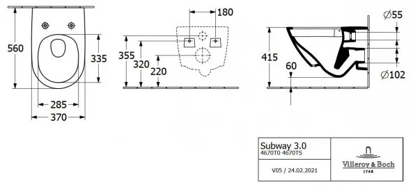 Set vas WC rimless suspendat, Villeroy&amp;Boch Subway 3.0, TwistFlush, cu capac inchidere lenta, 37x56cm, Alb Alpin, 4670TS01