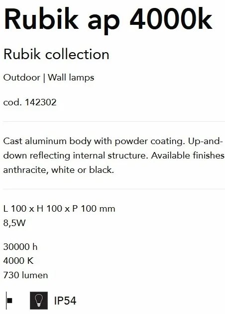 Aplica LED iluminat exterior design modern cu protectie IP54 Rubik ap 4000k NERO