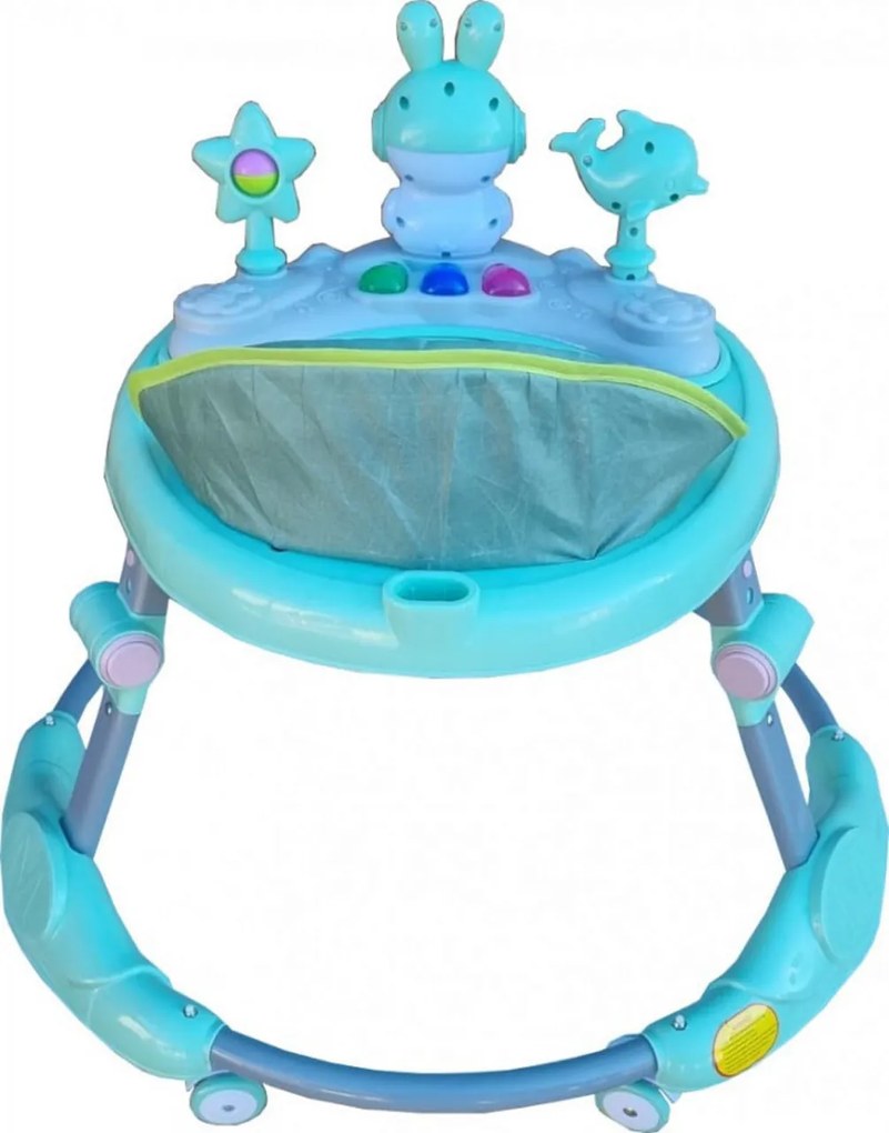 Premergator reglabil in 6 trepte de inaltime NOVOKIDS™ Happy Bunny, Cu melodii si lumini, Pliabil, Max 20 kg, Roti silentioase, Model Iepuras, Verde