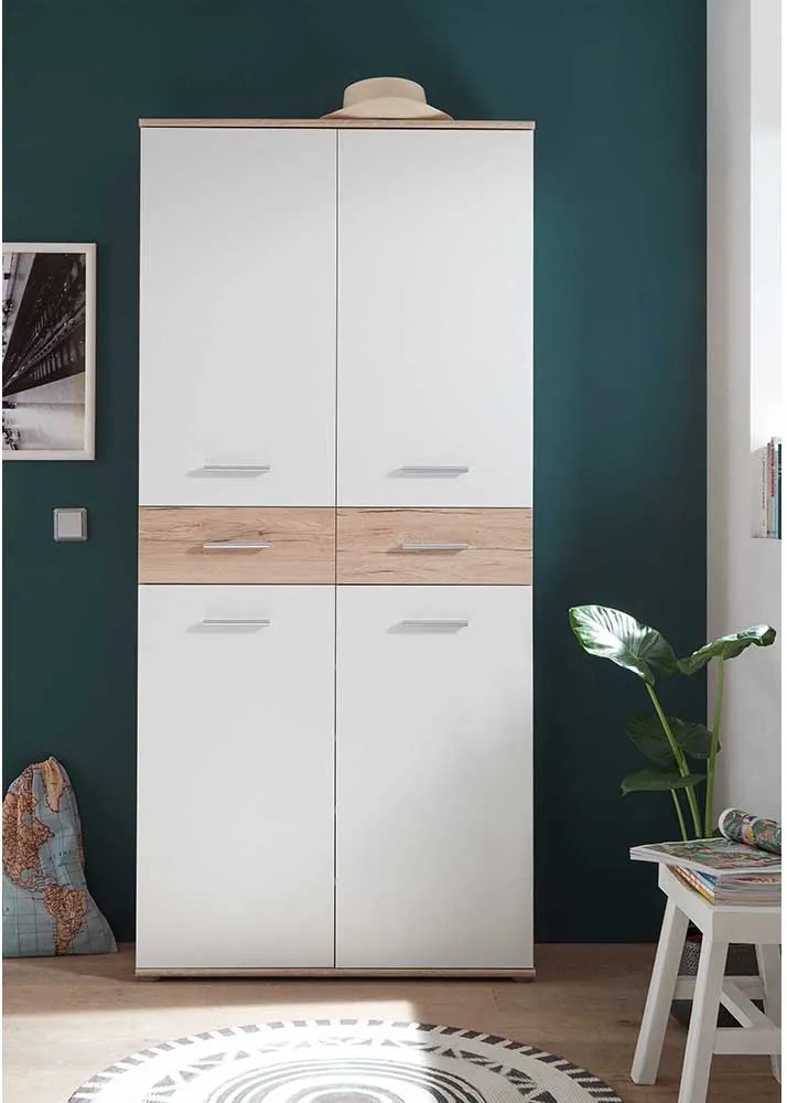 PANTOFAR MANUEL,90X35X195 CM,10 RAFTURI,2 SERTARE,CULOARE ALB,PAL