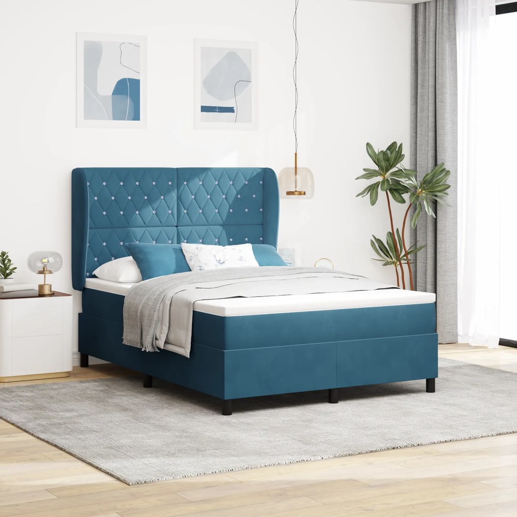 vidaXL Pat cu arcuri cu saltea Albastru închis 140 x 190 cm Catifea