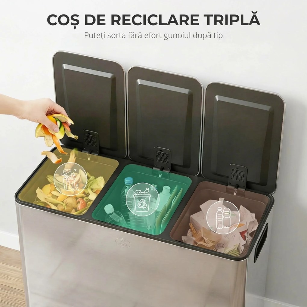 HOMCOM Coș de Gunoi cu 3 Compartimente de 20L cu Închidere Silențioasă, din Oțel Inoxidabil și PP, 61.9x36.6x56.7 cm | Aosom Romania