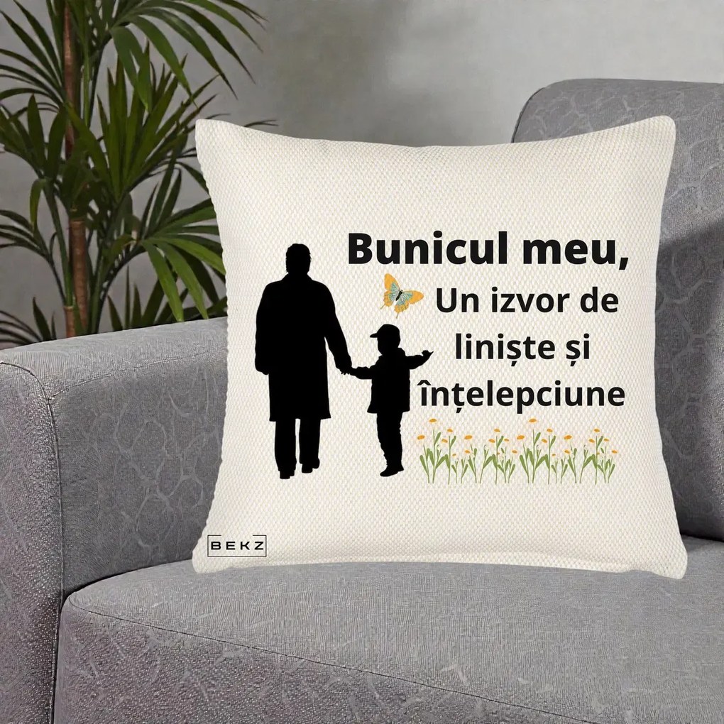 Cadou pentru Bunic - Perna Personalizata Bunicul Meu Izvor de Liniste cu Fluture si Baietel, 40x40 cm, Crem Reliefat, Husa Detasabila, Perna Inclusa, BEKZ®