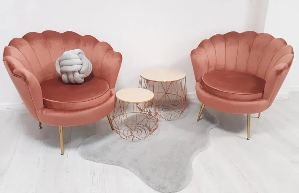 Fotoliu în stil Art-deco, catifea Velvet roz/crom auriu, NOBLIN
