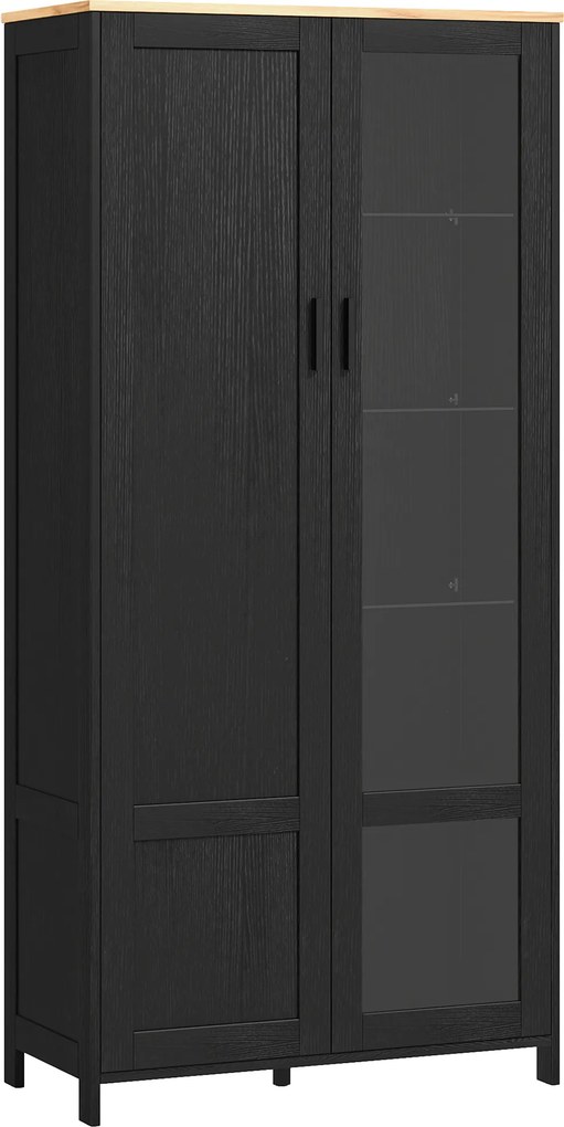 HOMCOM Dulap de Bucătărie cu 9 Rafturi Reglabile, cu Uși de Sticlă și Bază Înălțată din Lemn, 76x36x160 cm, Negru | Aosom Romania