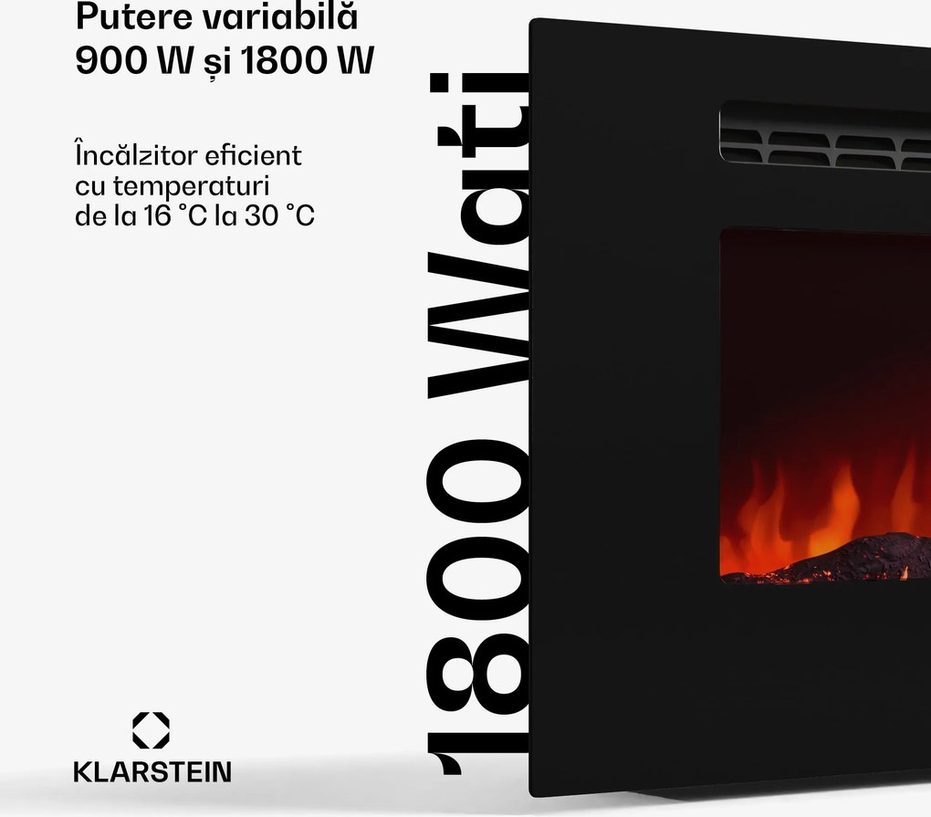 Klarstein Șemineu electric inteligent Galeras Smart, 2 setări de temperatură, 16 - 30°| Iluzia flăcării LED, Opțiune de conectare IOT
