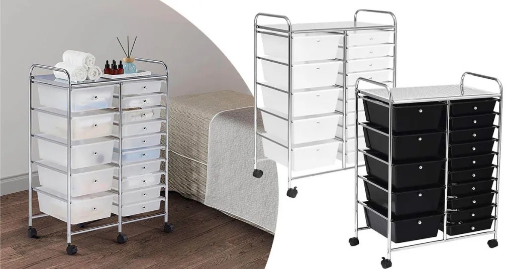 Carucior de depozitare cu roti cu 15 sertare-alb