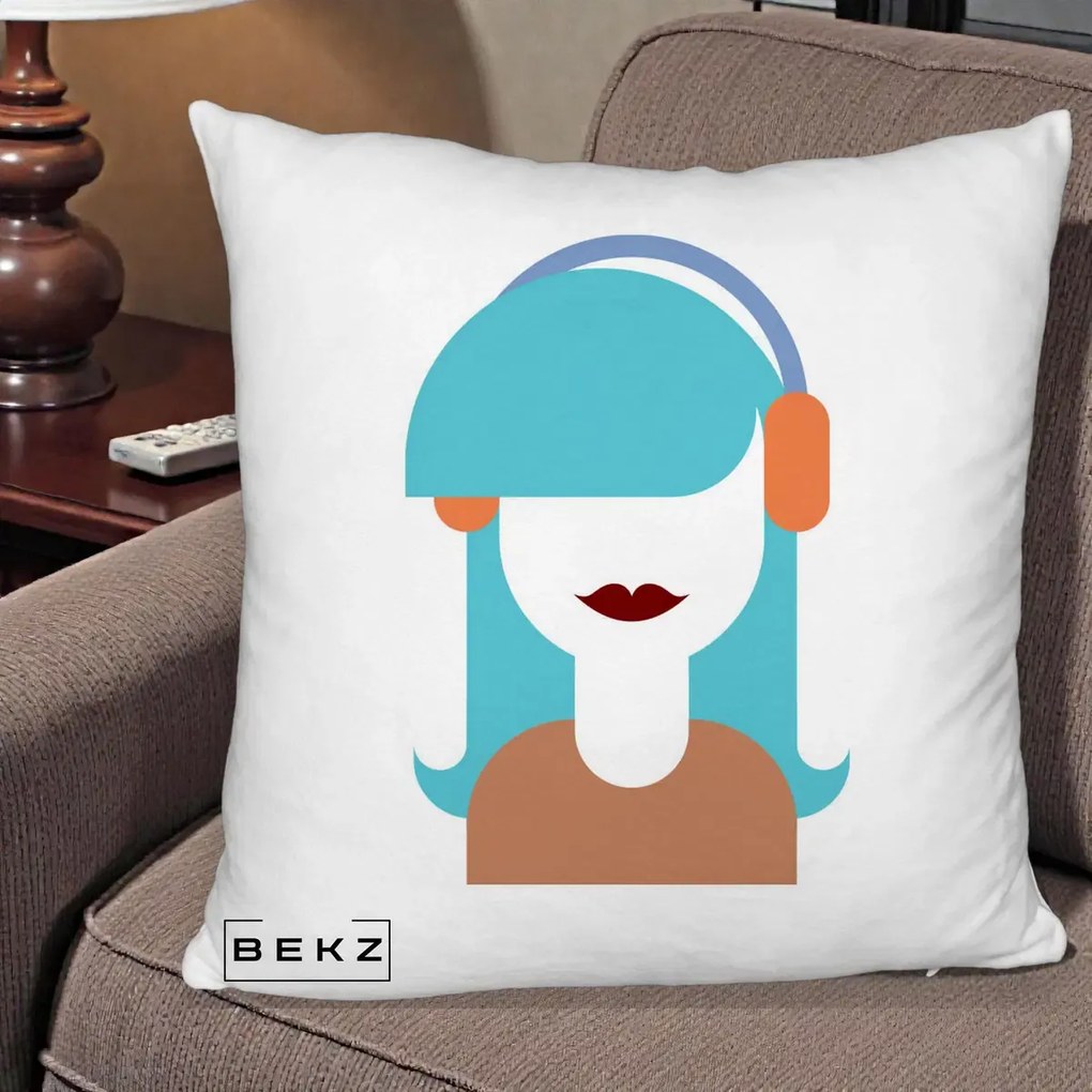 Perna Decorativa Fata cu Casti Muzica Grafic, 40x40 cm, Alb Pufos, Husa Detasabila, Perna Inclusa, BEKZ®