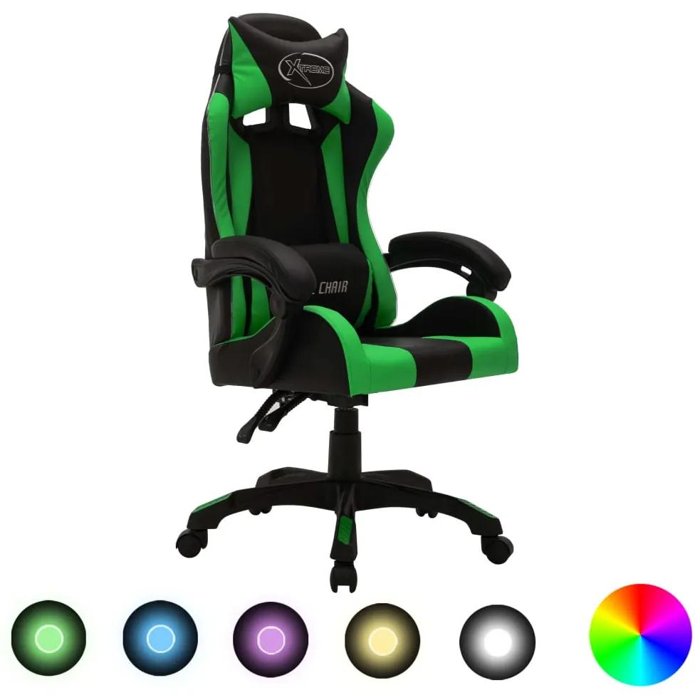 Scaun de jocuri cu LED RGB, verde si negru, piele ecologica 1, verde si negru, Fara suport de picioare