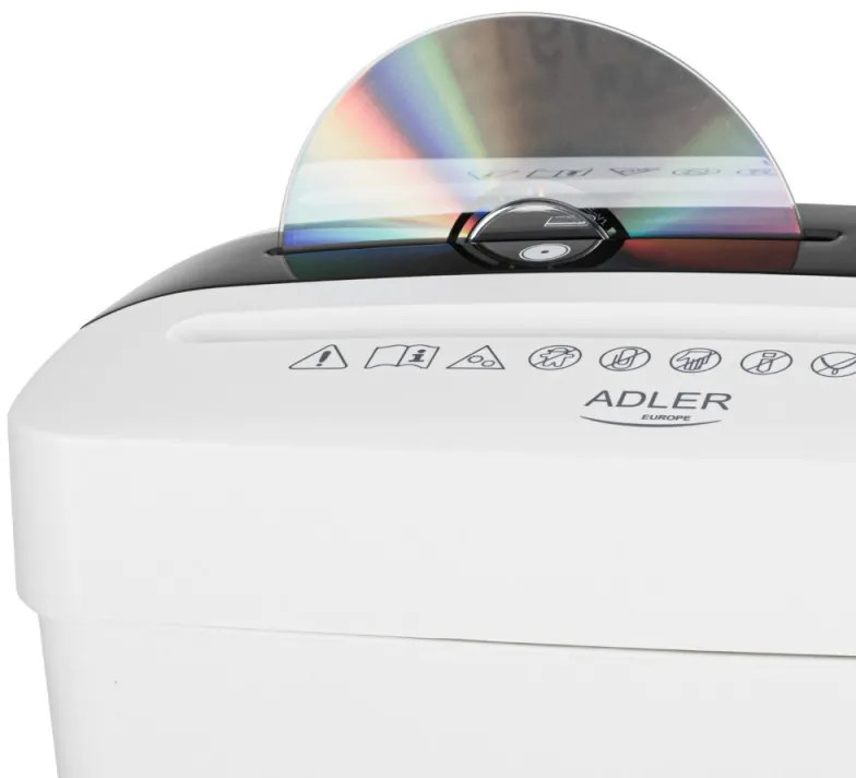 Distrugator de documente Adler AD 1037, 200 W, 13 L, Pana la 22 cm, 6 foi, CD/DVD si card, Pornire/oprire automata, Functie inversa, 69 dB, Alb