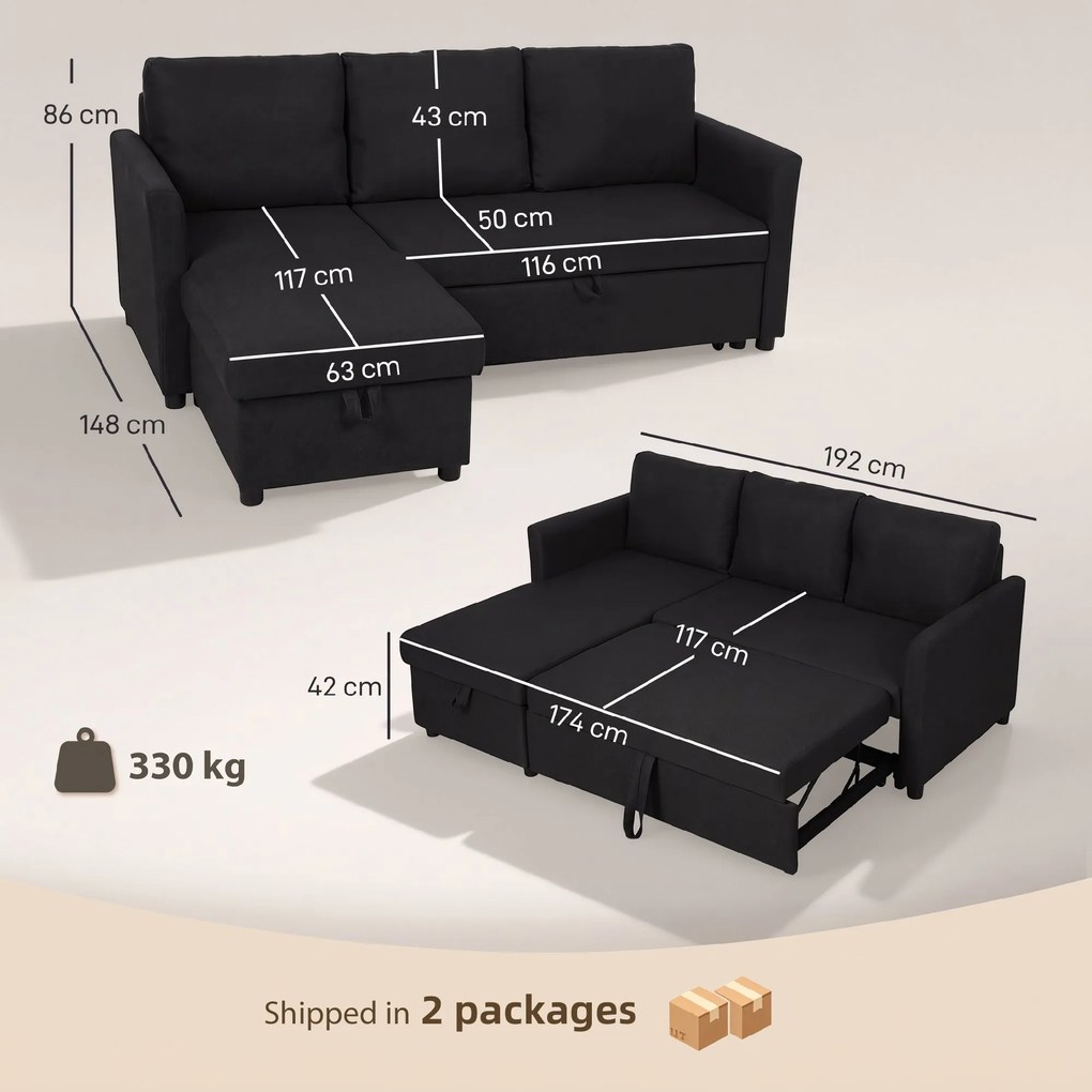 HOMCOM Canapea Extensibilă cu 3 Locuri și Șezlong Convertibil, Canapea de Colț Pliabilă cu Compartiment de Depozitare și 3 Perne Detașabile, Material Textil cu Efect de In, Living, 192x148x86cm, Gri Închis | Aosom Romania