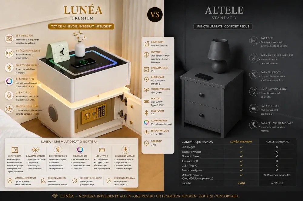 LUNÉA — Noptieră inteligentă cu seif integrat, încărcare wireless, Bluetooth Stereo, iluminare RGB, USB + Type-C și senzor de mișcare, Alb