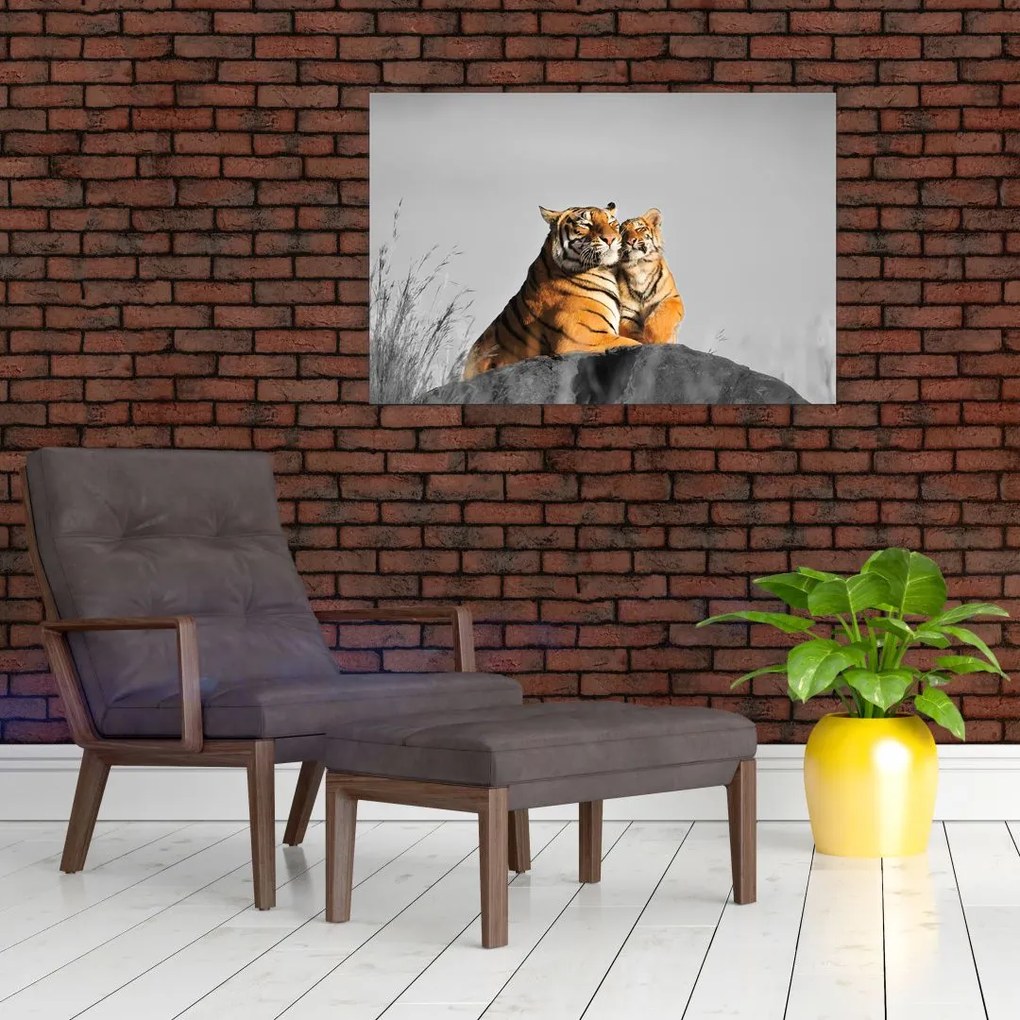 Tablou - Tigroaica cu pui, versiunea alb-negru (90x60 cm)