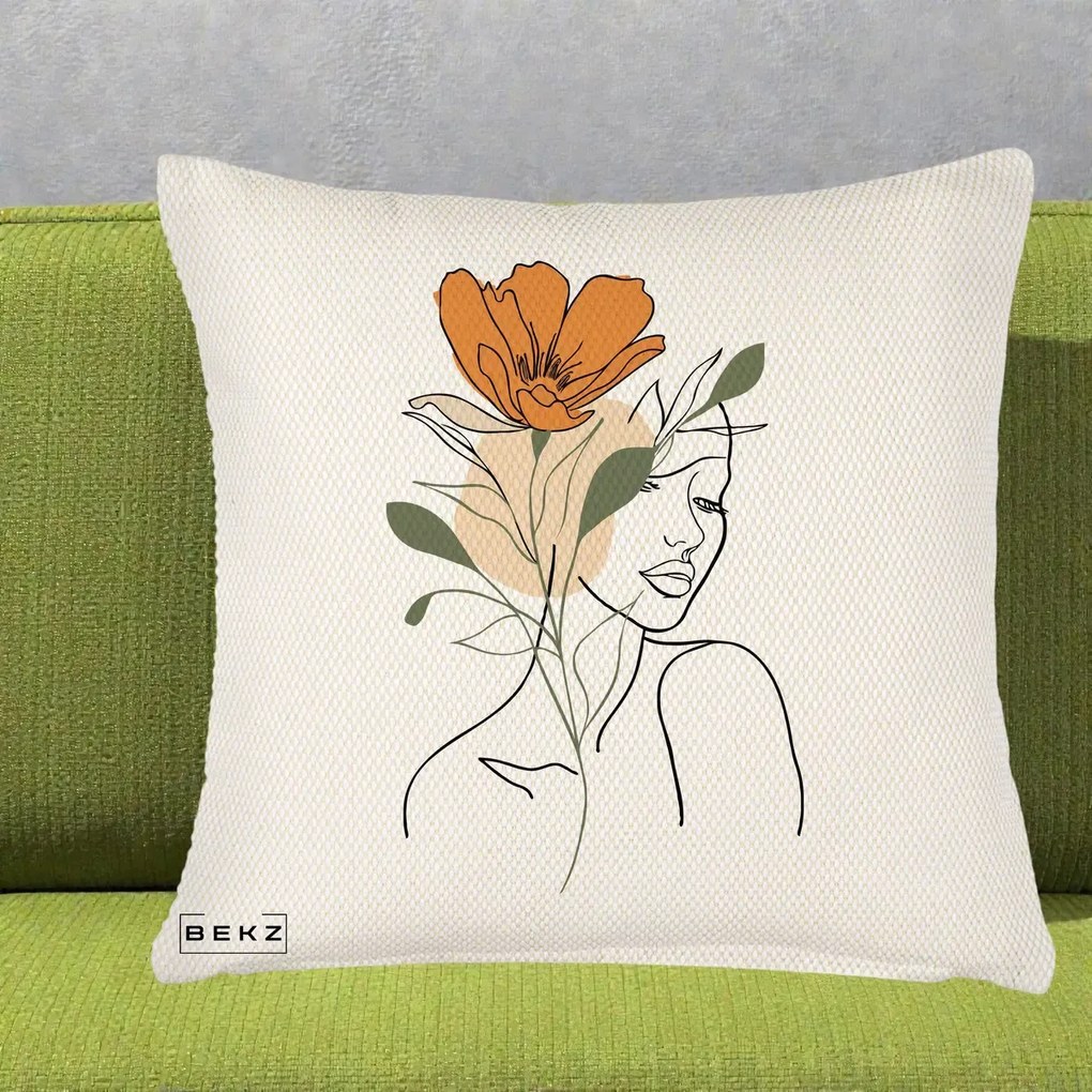 Perna Decorativa Portret Feminin Floare Portocalie, 40x40 cm, Crem Reliefat, Husa Detasabila, Perna Inclusa, BEKZ®