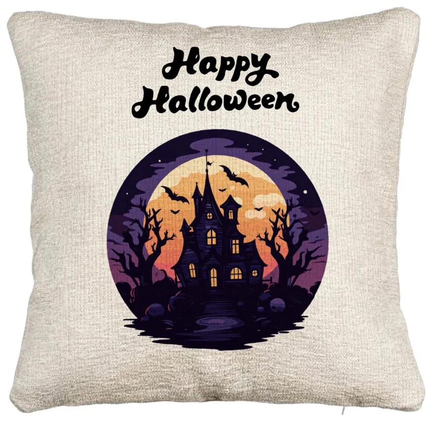 Perna Decorativa Canapea cu motiv de Halloween si Text, 40x40 cm, Cu fermoar