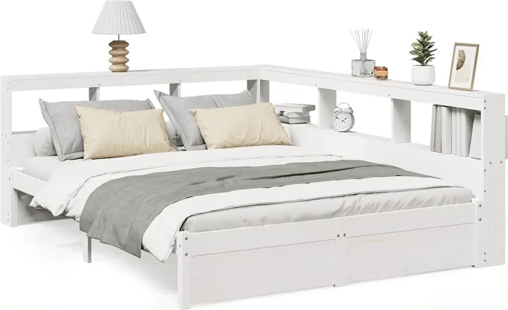 vidaXL Pat cu bibliotecă fără saltea, alb, 140x190 cm, lemn masiv pin