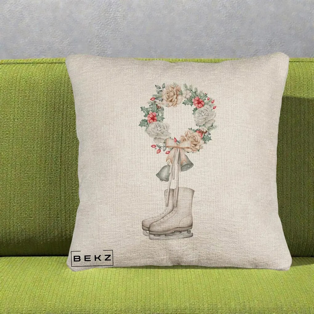Perna Decorativa Patine cu Coroana Florala de Craciun, 40x40 cm, Bej Canapea, Husa Detasabila, Perna Inclusa, BEKZ®