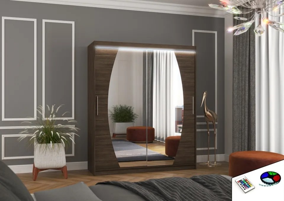 Dulap cu usi glisante si oglinda + iluminare LED, Baltimore 180 + LED, 180 cmx200 cmx58 cm, ADRK Furniture (Culoare: Negru)