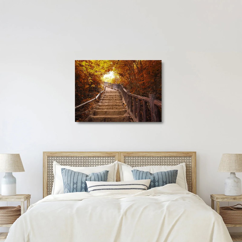 Tablou pe sticlă - Scări în natură în toamnă (70x50 cm)