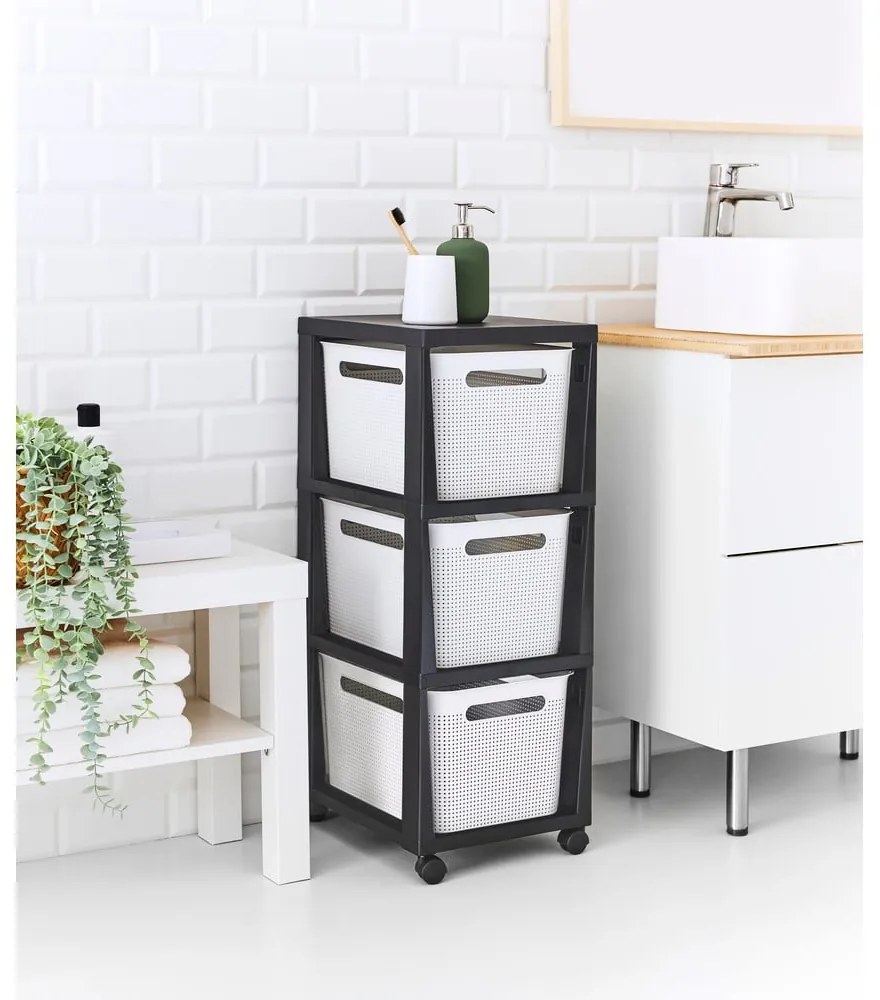 Etajeră pe roți albă/neagră din plastic 30x77 cm Brisen - Rotho