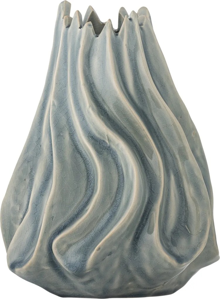 Vază din ceramică, albastru, formă sculpturală cu falduri verticale și margine neregulată, glazură reactivă, 18 x 17 cm, „Dilara”
