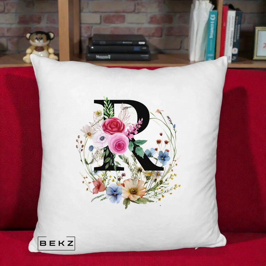 Cadou Personalizat - Perna Personalizata Monogram Litera R cu Flori Acuarela, 40x40 cm, Alb Pufos, Husa Detasabila, Perna Inclusa, BEKZ®