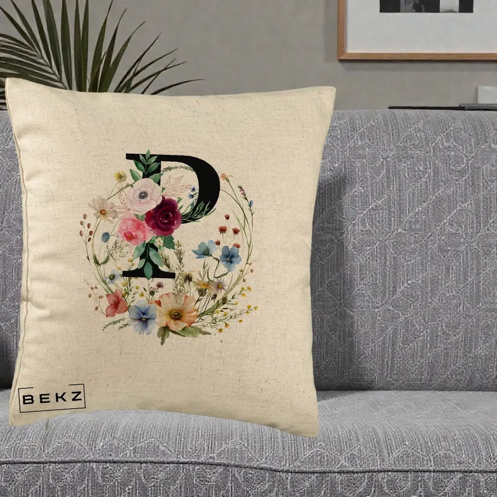 Cadou Personalizat - Perna Personalizata Monogram Litera P cu Flori Acuarela, 40x40 cm, Bej, Husa Detasabila, Perna Inclusa, BEKZ®