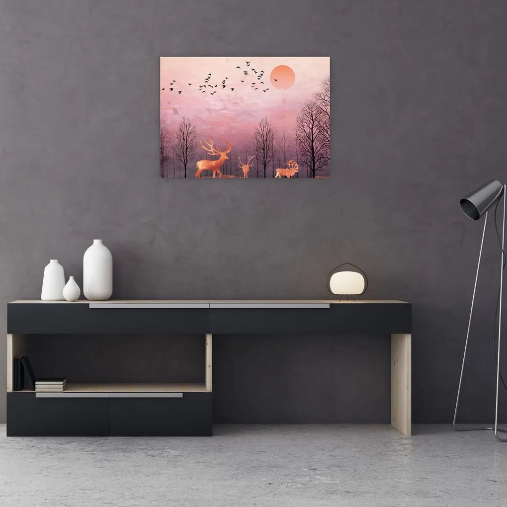 Tablou pe sticlă - Căprioare în strălucirea apusului de soare (70x50 cm)
