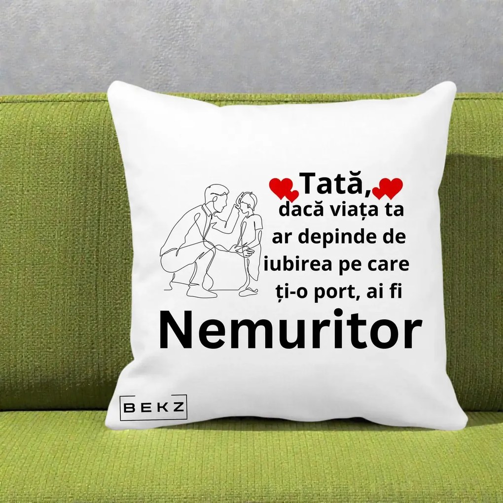 Cadou pentru Tata - Perna Personalizata Tata Nemuritor Baietel, 40x40 cm, Alba Mata, Husa Detasabila, Perna Inclusa, BEKZ®