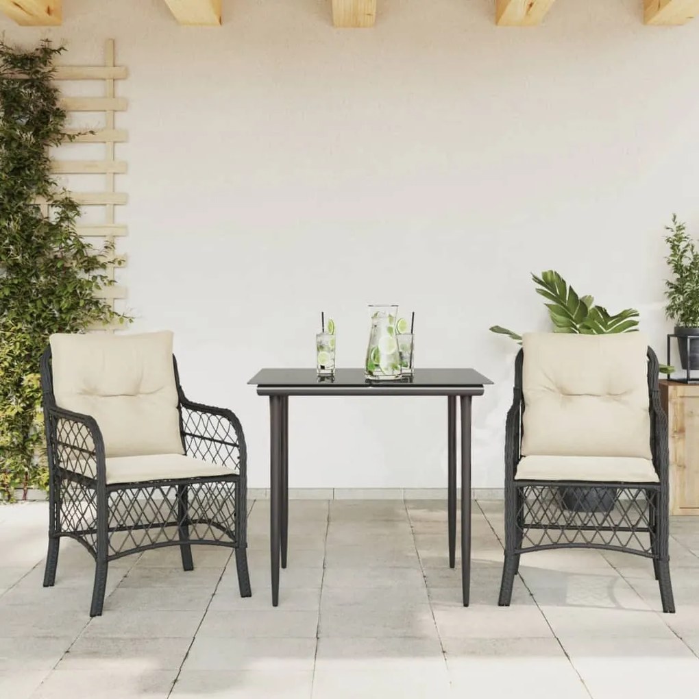 vidaXL Set bistro cu perne, 3 piese, negru, poliratan